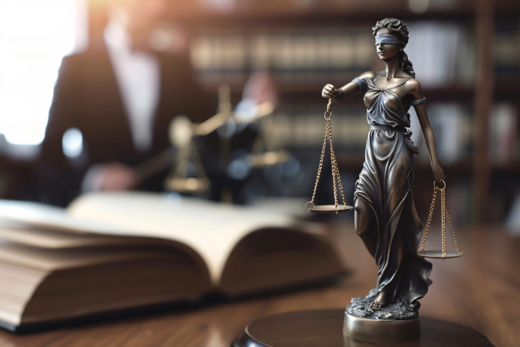 Statuetta in bronzo della Giustizia bendata con bilancia su scrivania di legno, libro aperto e scaffali sfocati sul fondo